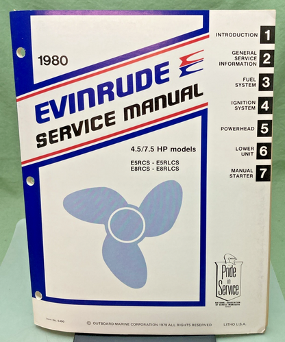 NEW GENUINE EVINRUDE 5490 4.5/7.5 HP MODELS SERVICE MANUAL 1980