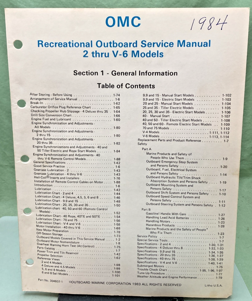 NEW GENUINE OMC 394607-1 SECTION ONE 2 THRU V-6 SERVICE MANUAL 1983