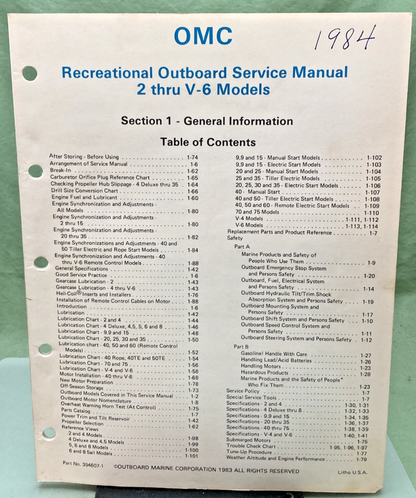 NEW GENUINE OMC 394607-1 SECTION ONE 2 THRU V-6 SERVICE MANUAL 1983