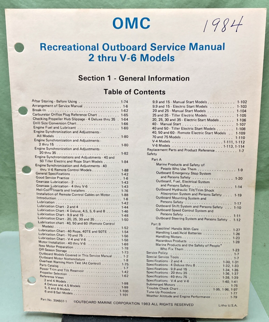 NEW GENUINE OMC 394607-1 SECTION ONE 2 THRU V-6 SERVICE MANUAL 1983
