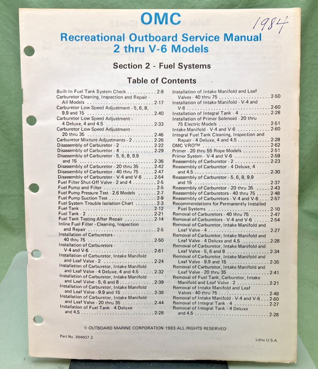 NEW GENUINE OMC 394607-2 SECTION TWO FUEL SYSTEMS SERVICE MANUAL 1983