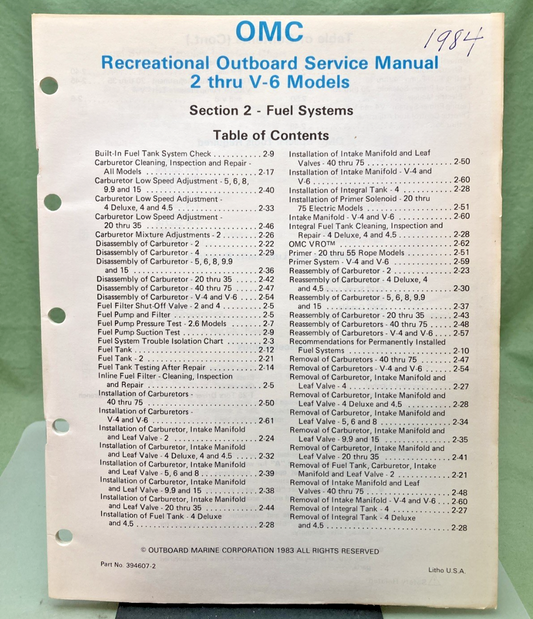 NEW GENUINE OMC 394607-2 SECTION TWO FUEL SYSTEMS SERVICE MANUAL 1983