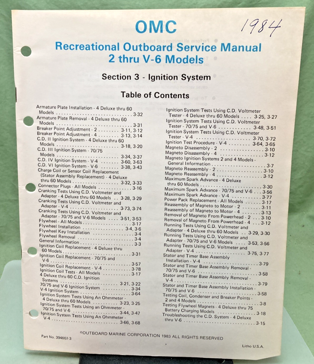 NEW GENUINE OMC 394607-3 SECTION THREE IGNITION SYSTEM SERVICE MANUAL 1983