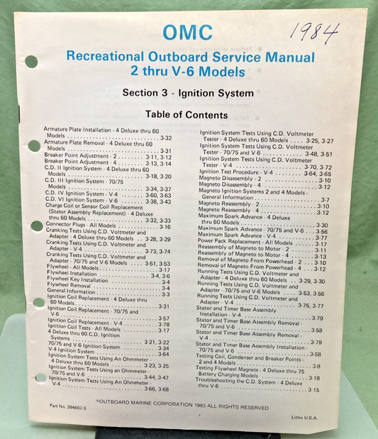 NEW GENUINE OMC 394607-3 SECTION THREE IGNITION SYSTEM SERVICE MANUAL 1983