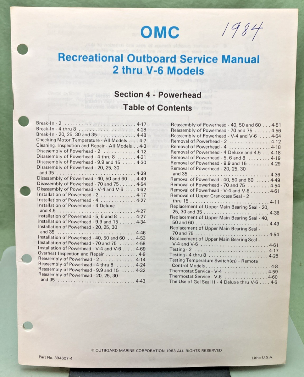 NEW GENUINE OMC 394607-4 SECTION FOUR POWERHEAD SERVICE MANUAL 1983