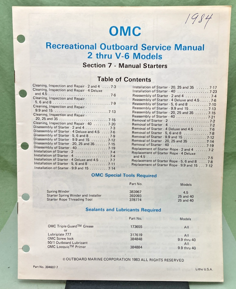 NEW GENUINE OMC 394607-7 SECTION SEVEN MAUNAL STARTERS SERVICE MANUAL 1983