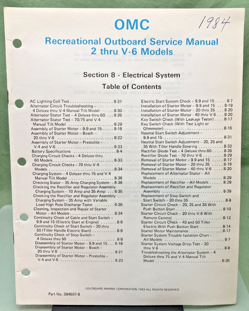 NEW GENUINE OMC 394607-8 SECTION EIGHT ELECTRICAL SYSTEM SERVICE MANUAL 1983