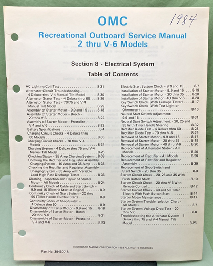 NEW GENUINE OMC 394607-8 SECTION EIGHT ELECTRICAL SYSTEM SERVICE MANUAL 1983