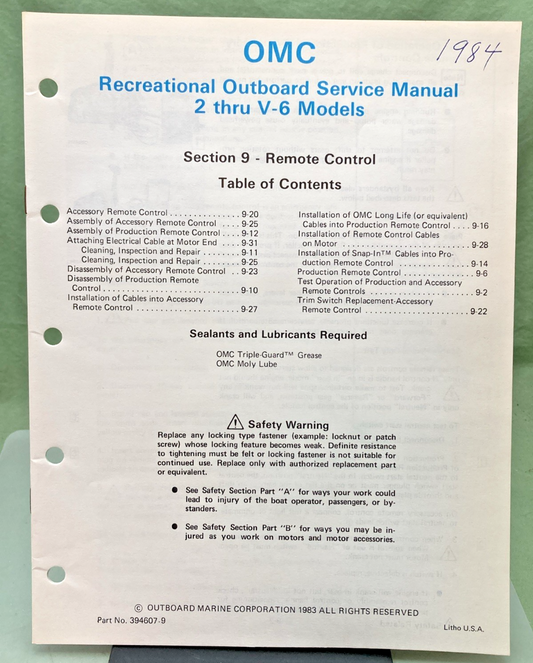 NEW GENUINE OMC 394607-9 SECTION NINE REMOTE CONTROL SERVICE MANUAL 1983