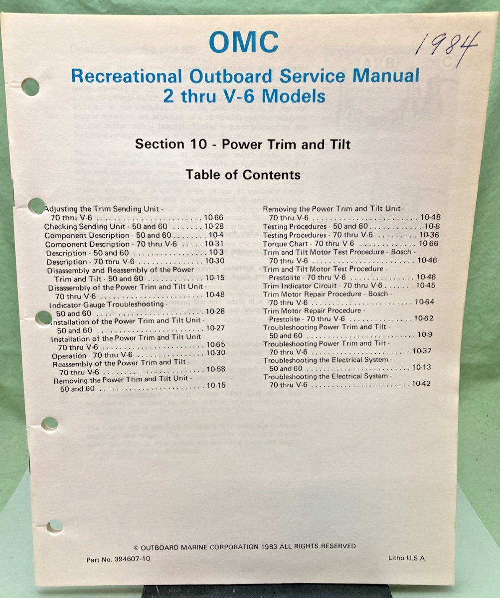 NEW GENUINE OMC 394607-10 SECTION TEN POWER TRIM AND TILT SERVICE MANUAL 1983