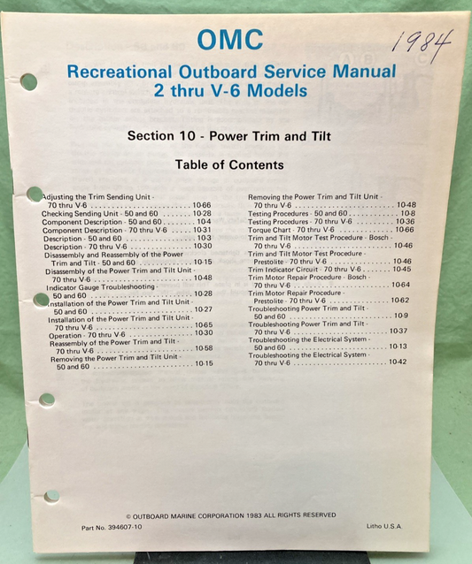 NEW GENUINE OMC 394607-10 SECTION TEN POWER TRIM AND TILT SERVICE MANUAL 1983