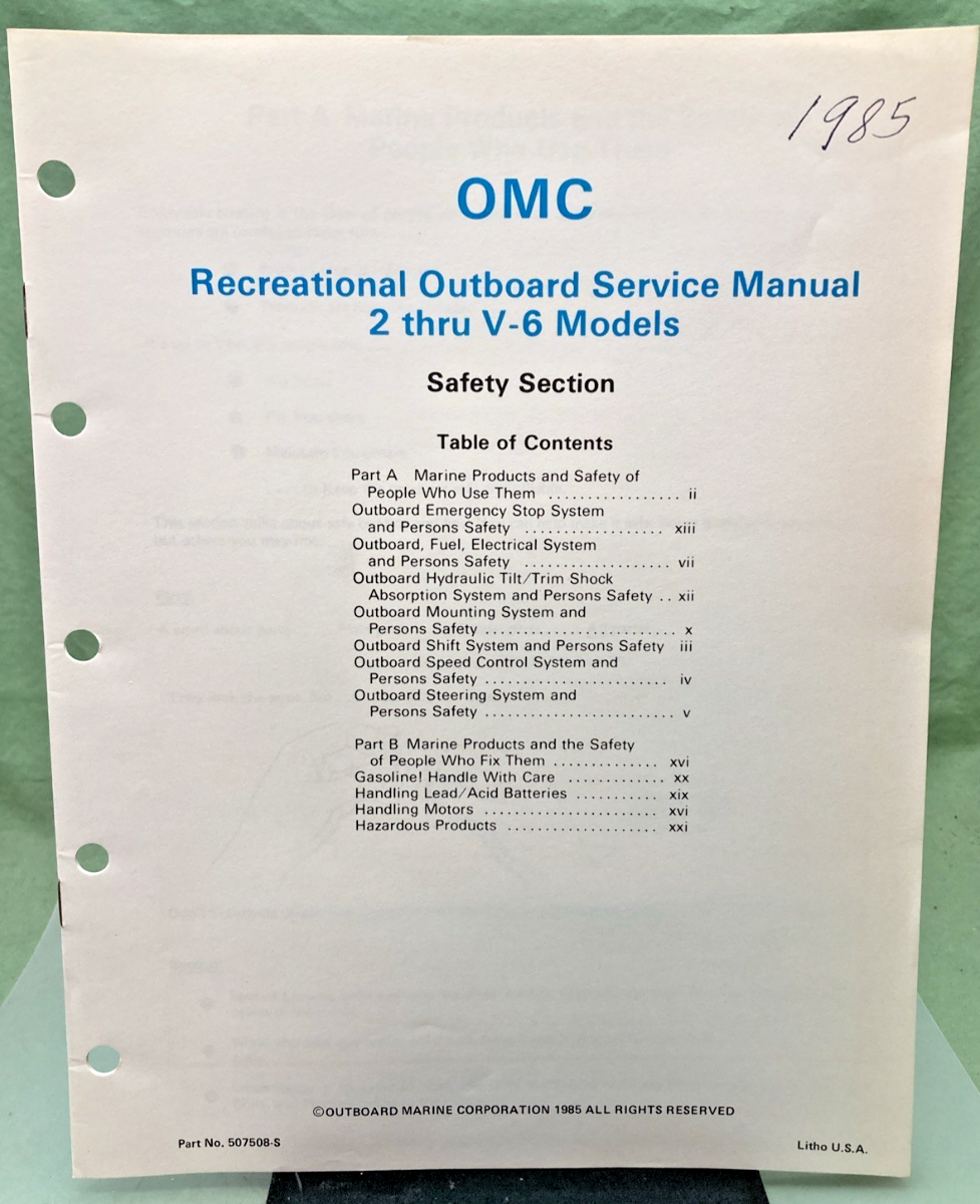 NEW GENUINE EVINRUDE JOHNSON 507508-S SAFETY SECTION SERVICE MANUAL 1985