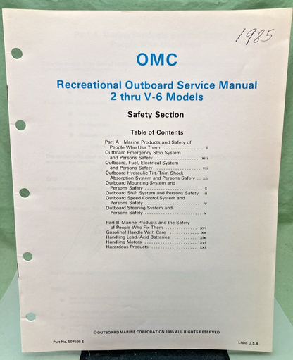 NEW GENUINE EVINRUDE JOHNSON 507508-S SAFETY SECTION SERVICE MANUAL 1985