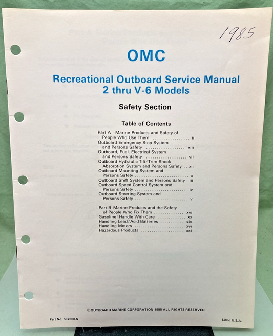 NEW GENUINE EVINRUDE JOHNSON 507508-S SAFETY SECTION SERVICE MANUAL 1985