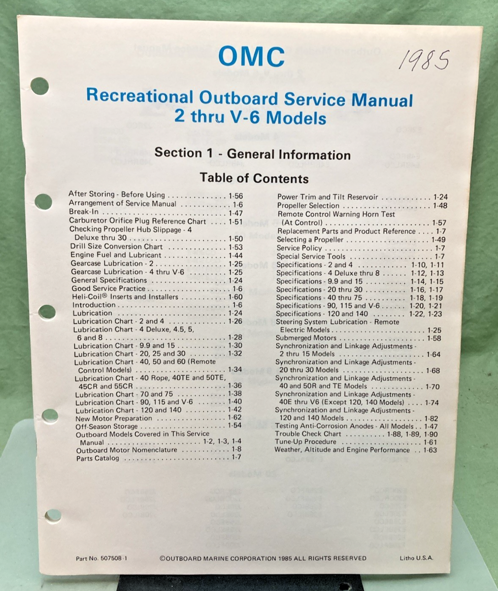 NEW GENUINE EVINRUDE JOHNSON 507508-1 SECTION ONE GENERAL INFORMATION MANUAL
