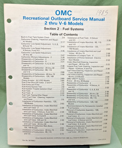 NEW GENUINE EVINRUDE JOHNSON 507508-2 SECTION TWO FUEL SYSTEMS SERVICE MANUAL 85