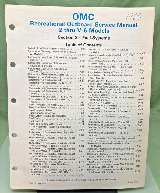 NEW GENUINE EVINRUDE JOHNSON 507508-2 SECTION TWO FUEL SYSTEMS SERVICE MANUAL 85