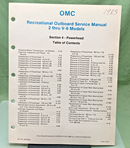 NEW GENUINE OMC 507508-4 SECTION FOUR POWERHEAD SERVICE MANUAL 1985