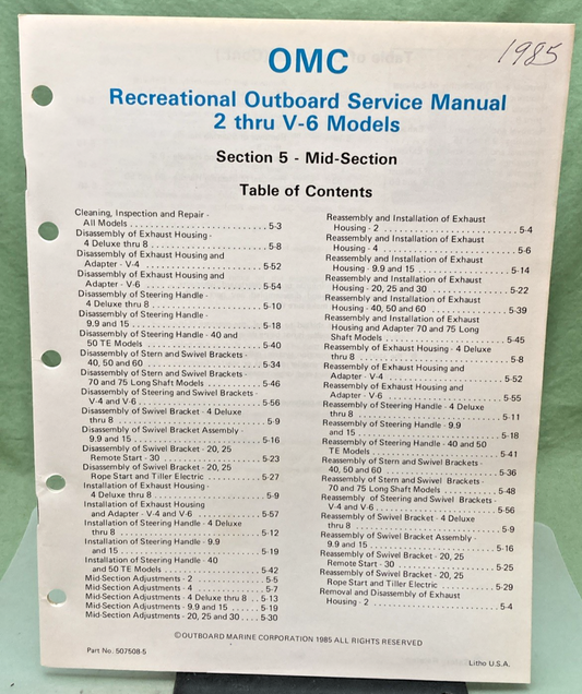 NEW GENUINE OMC 507508-5 SECTION FIVE MID-SECTION SERVICE MANUAL 1985