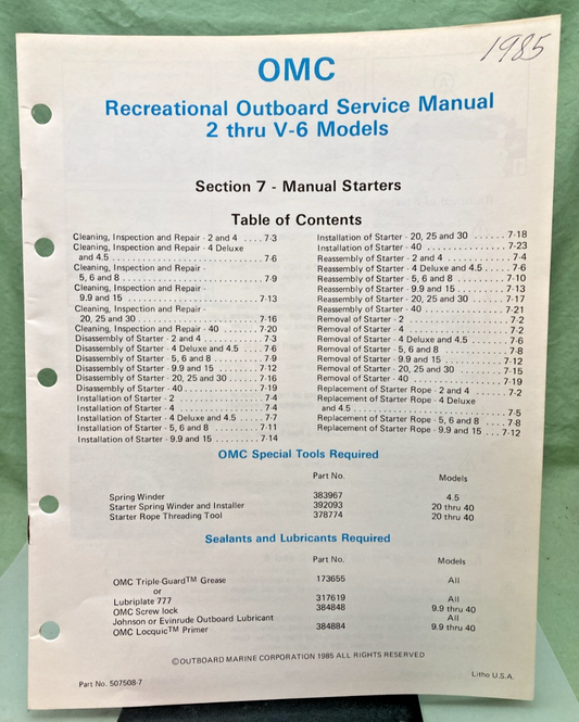 NEW GENUINE OMC 507508-7 SECTION SEVEN MANUAL STARTERS SERVICE MANUAL 1985