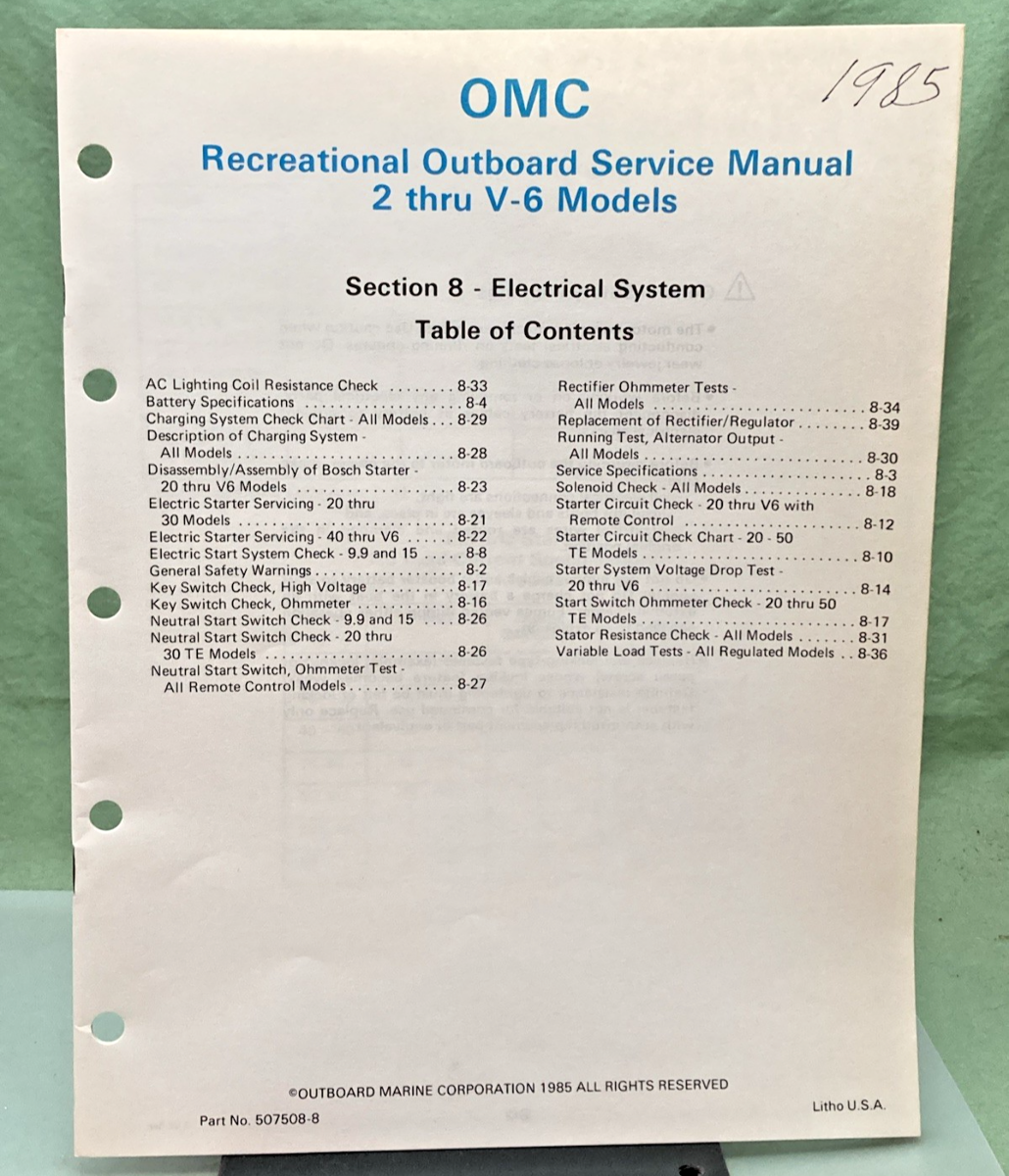NEW GENUINE OMC 507508-8 SECTION EIGHT ELECTRICAL SYSTEM SERVICE MANUAL 1985