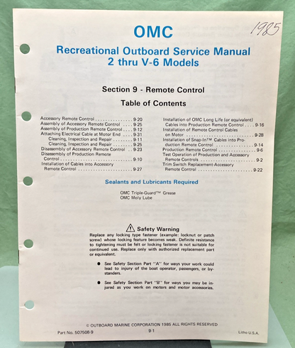 NEW GENUINE OMC 507508-9 SECTION NINE REMOTE CONTROL SERVICE MANUAL 1985