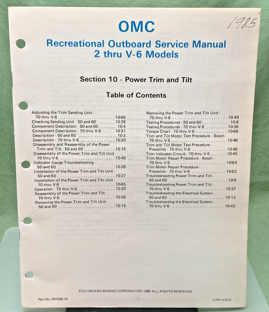 NEW GENUINE OMC 507508-10 SECTION TEN POWER TRIM AND TILT SERVICE MANUAL 1985