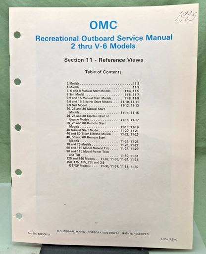 NEW GENUINE OMC 507508-11 SECTION ELEVEN REFERENCE VIEWS SERVICE MANUAL 1985