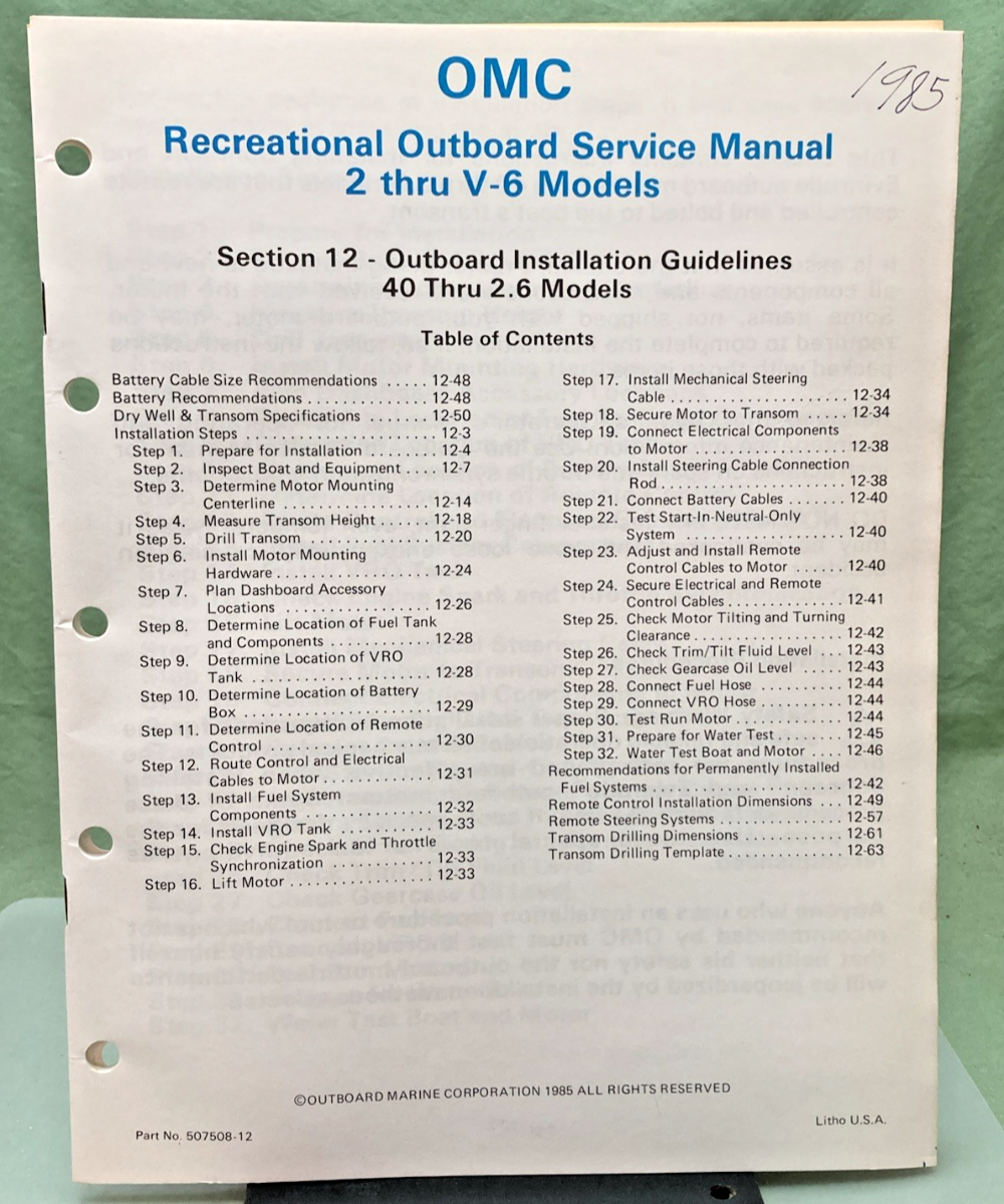 NEW GENUINE OMC 507508-12 SECTION TWELVE OUTBOARD INSTALLATION GUIDELINES 1985
