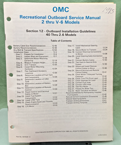 NEW GENUINE OMC 507508-12 SECTION TWELVE OUTBOARD INSTALLATION GUIDELINES 1985