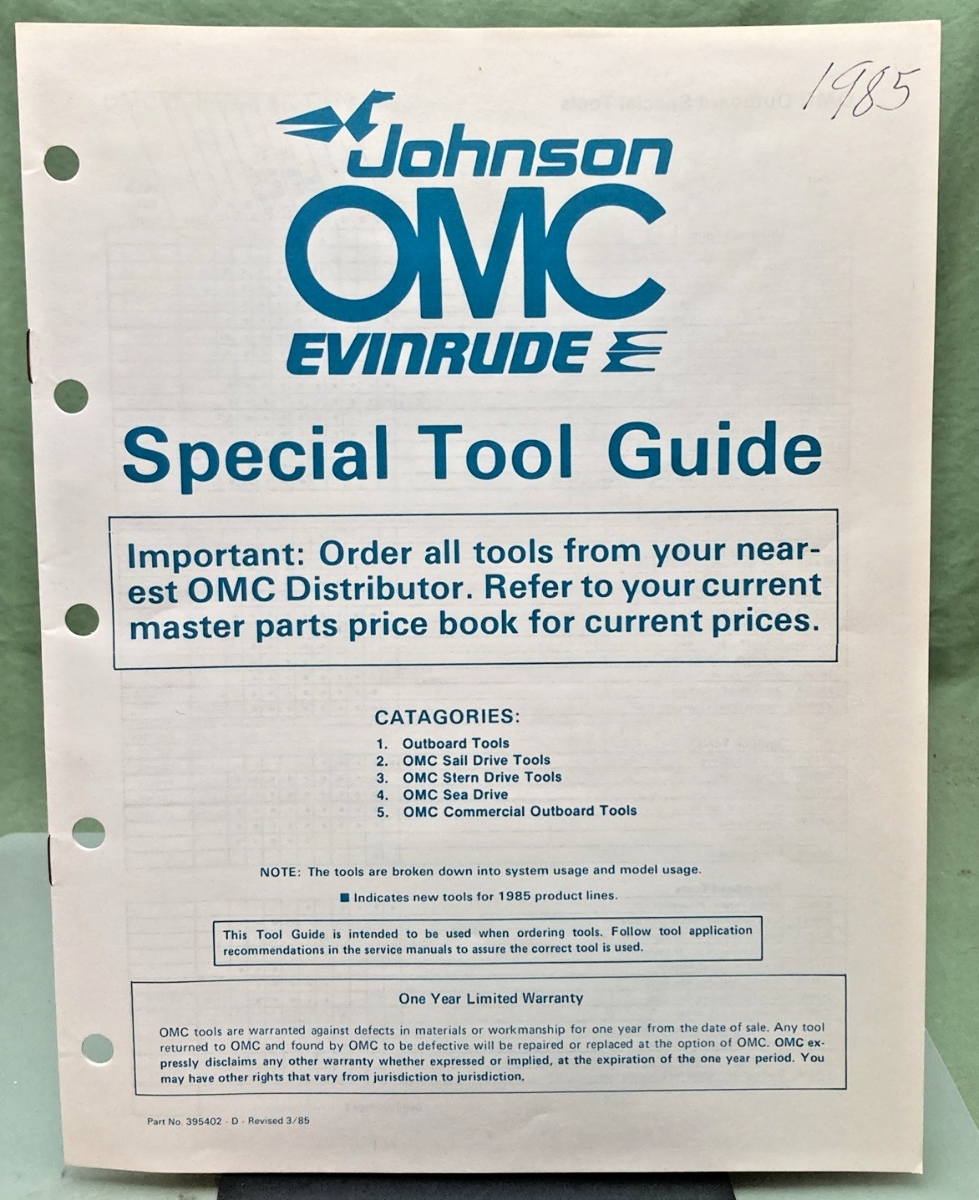 NEW GENUINE JOHNSON EVINRUDE/OMC 395402 SPECIAL TOOL GUIDE 1985