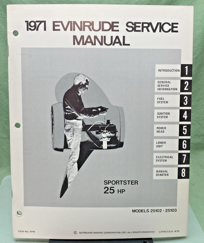 NEW GENUINE EVINRUDE 4749 SPORTSTER 25 HP SERVICE MANUAL 1971