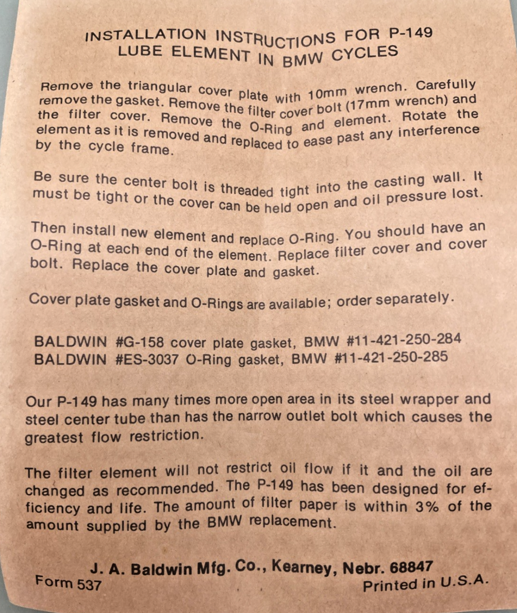 NEW GENUINE BALDWIN P-149 OIL FILTER BMW R50 R60 R65 R75 R90 R100