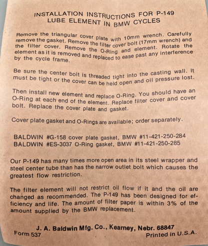 NEW GENUINE BALDWIN P-149 OIL FILTER BMW R50 R60 R65 R75 R90 R100