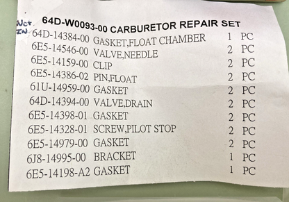 NEW REPLACES YAMAHA 18-7756 CARBURETOR REPAIR KIT, YAMAHA 64D-W0093-00-00