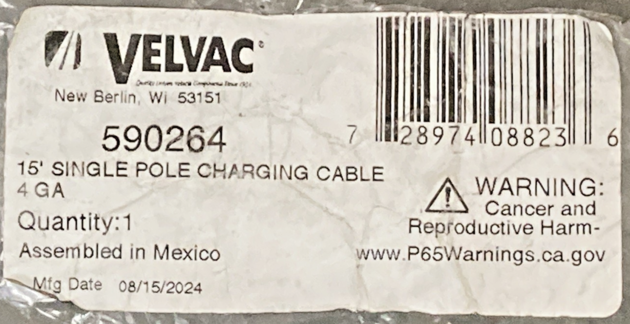 GENUINE VELVAC 590264 POWER CABLE, SINGLE POLE, 15 FT