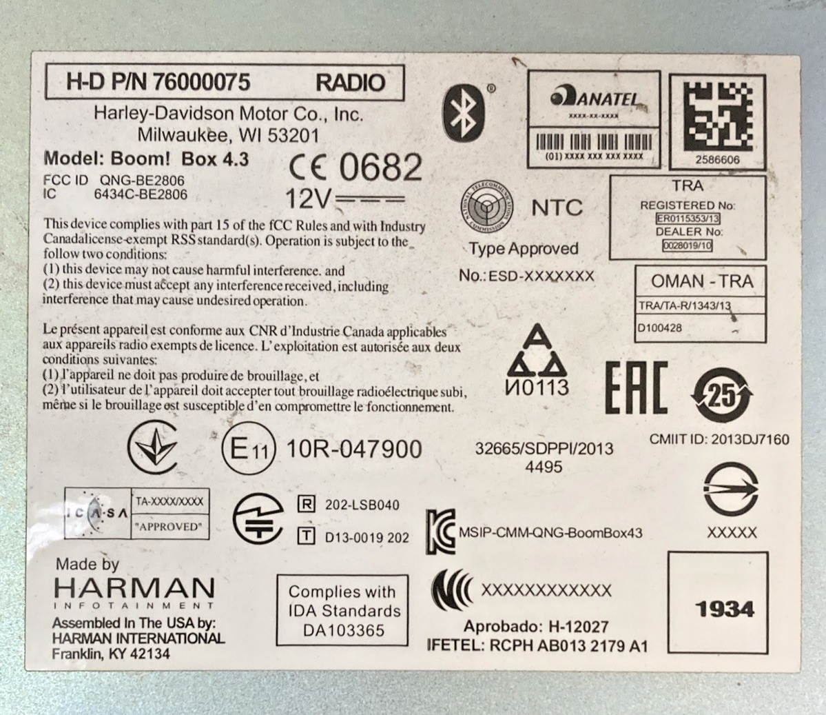 GENUINE HARLEY DAVIDSON 76000075 HARMAN Radio Stereo Boom Box 4.3 TOURING