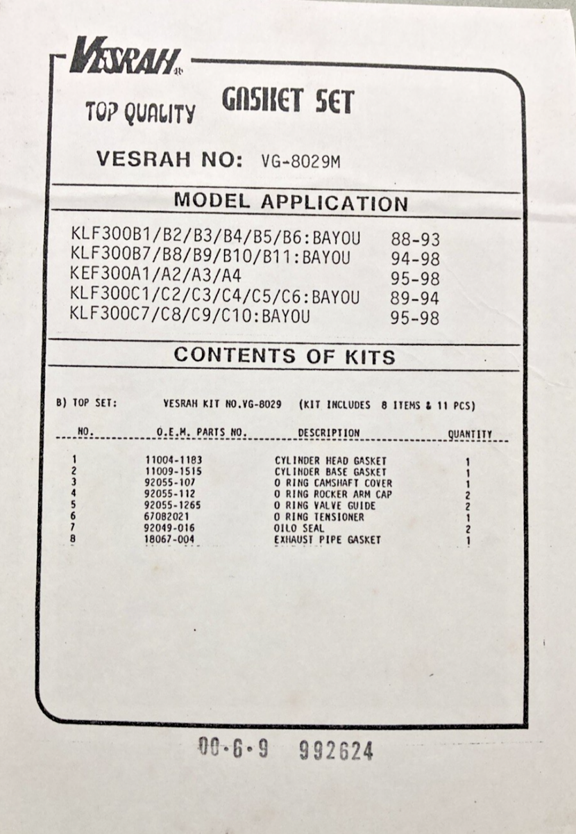 NEW GENUINE VESRAH VG-8029M GASKET SET