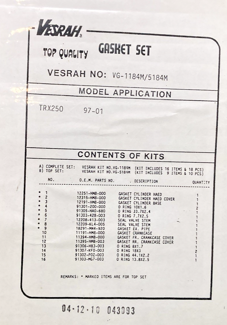 NEW GENUINE VESRAH VG-1184M GASKET SET