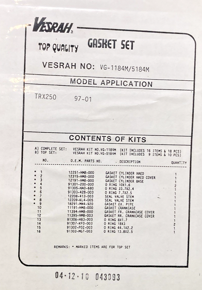 NEW GENUINE VESRAH VG-1184M GASKET SET