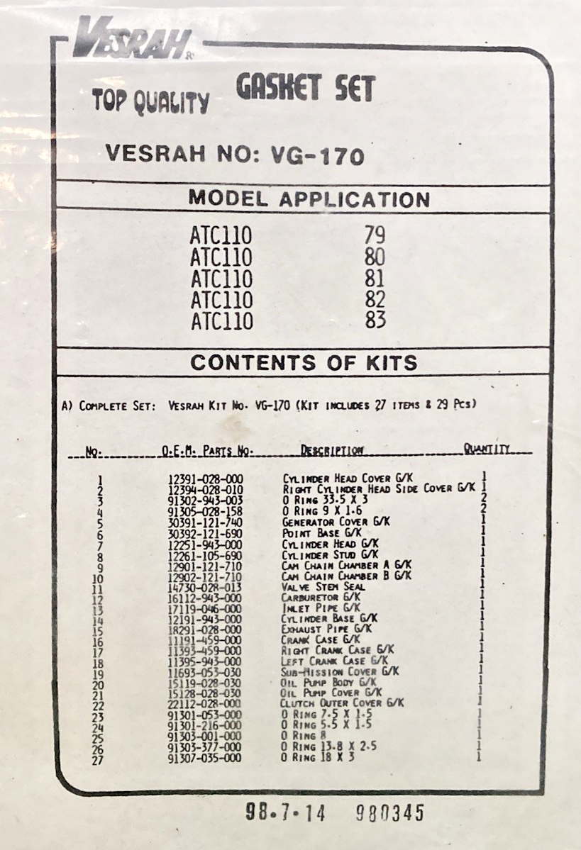 NEW GENUINE VESRAH VG-170 GASKET SET