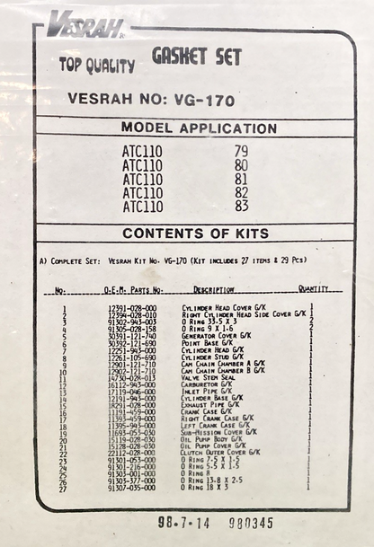 NEW GENUINE VESRAH VG-170 GASKET SET