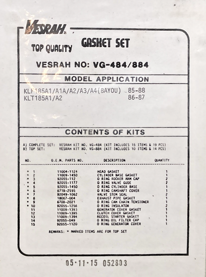 NEW GENUINE VESRAH VG-484 GASKET SET