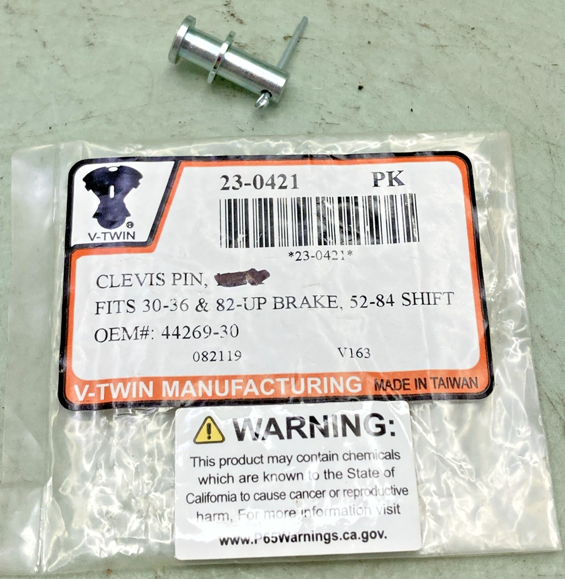 NEW GENUINE V-TWIN 23-0421 CLEVIS PIN ASSEMBLY