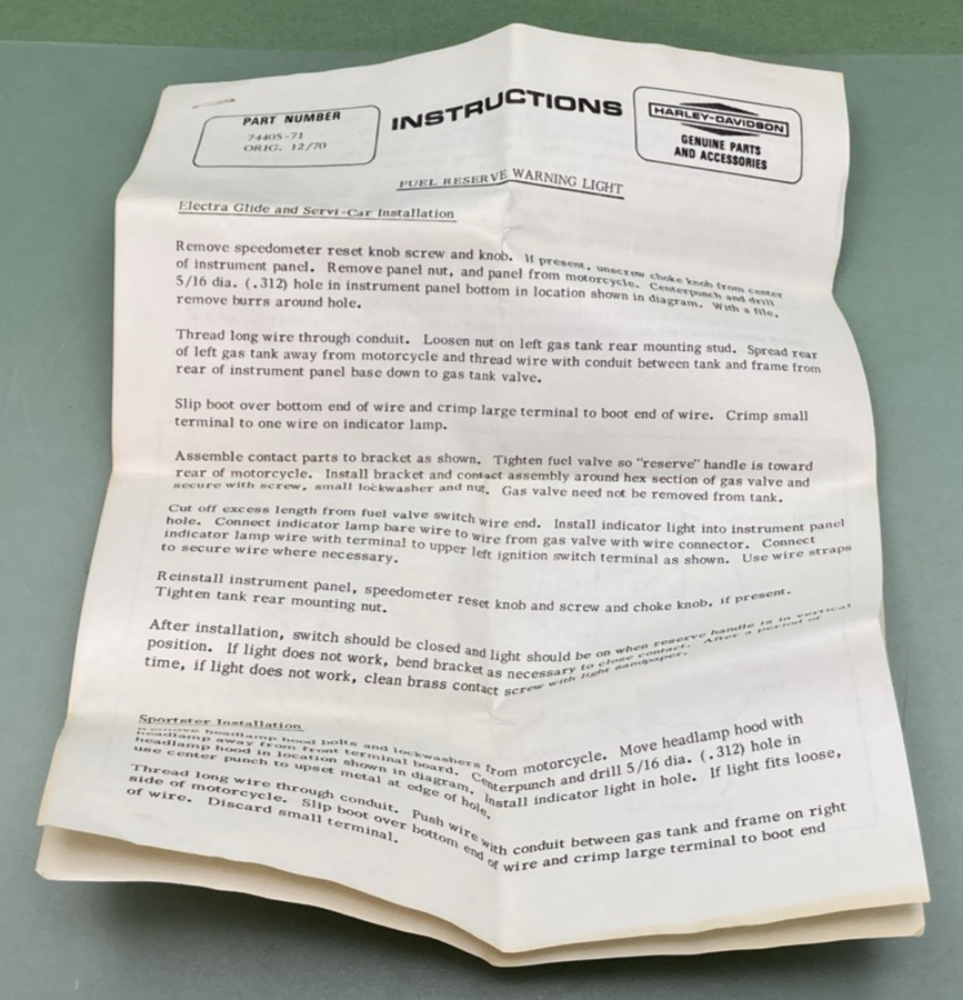 NEW GENUINE HARLEY-DAVIDSON 74405-71 Fuel Reserve Warning Light Kit