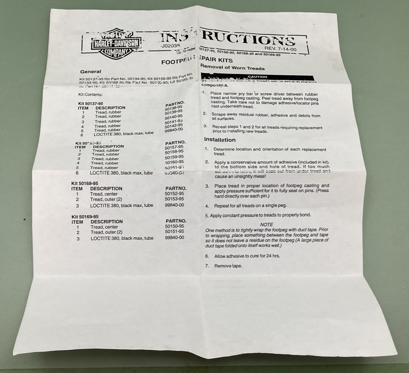 NEW GENUINE HARLEY-DAVIDSON 50137-95 KIT, TREAD, 6 SLOT, SMALL