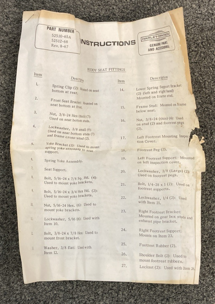 NEW GENUINE HARLEY-DAVIDSON 52512-68 Buddy seat fittings