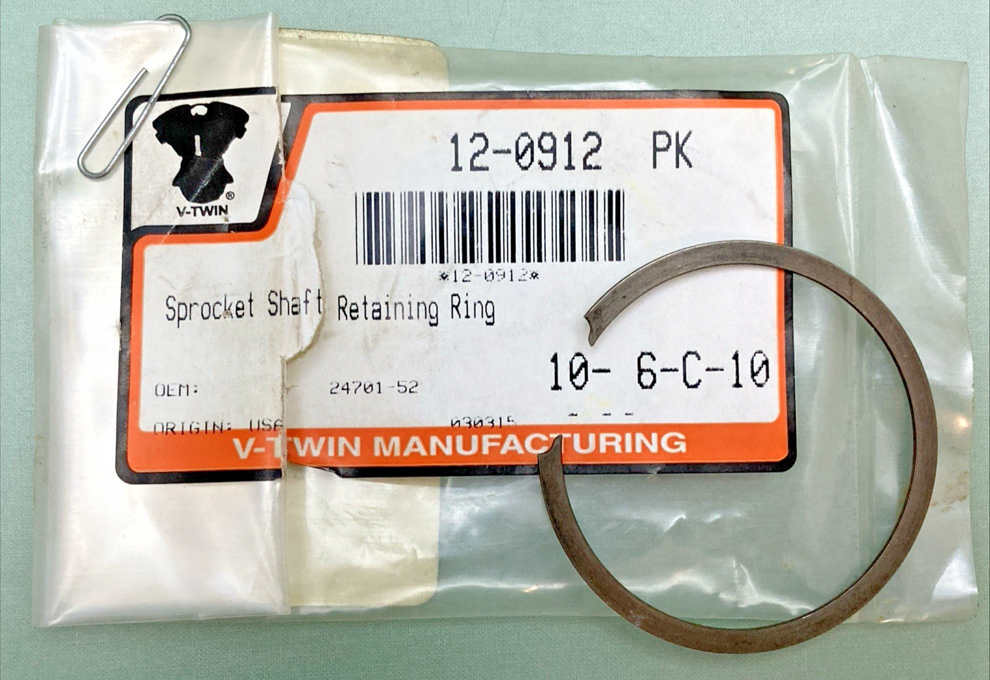 NEW GENUINE V-TWIN 12-0912 SPROCKET SHAFT RETAINING RING