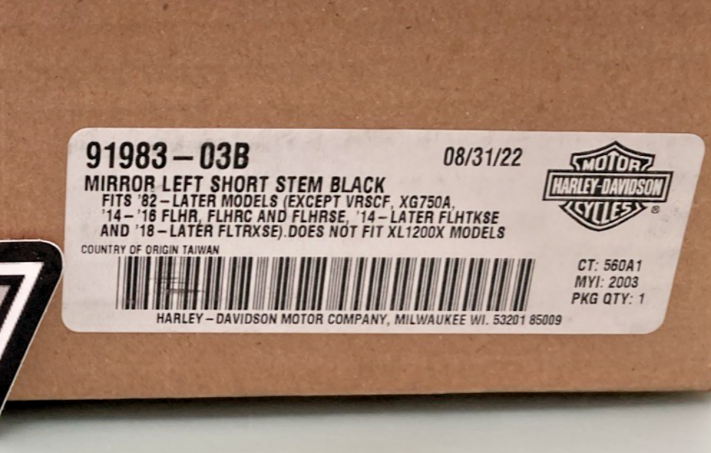 NEW GENUINE HARLEY DAVIDSON 91983-03B TAPERED SHORT STEM MIRROR - BLACK -  LEFT