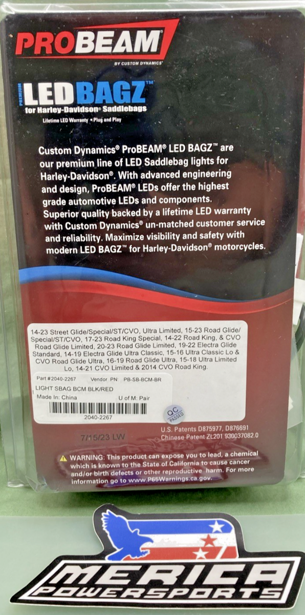NEW GENUINE CUSTOM DYNAMICS 2040-2267 ProBEAM LED BAGZ, SADDLE BAG LIGHTS -BMC